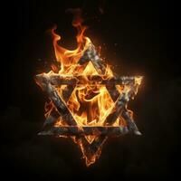 Jewish star on fire on a black background photo