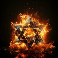 Jewish star on fire on a black background photo