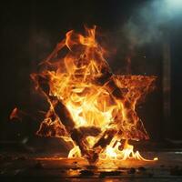 Jewish star on fire on a black background photo