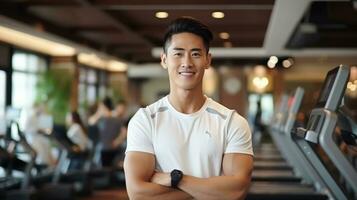 handsome chinese young man in sport wear in sporting club photo