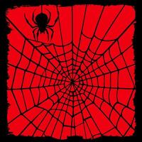 Red horror background with a silhouette of a spider round black web and a spider in a frame. vector