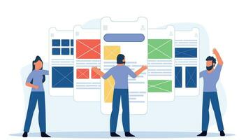 Usability testing mobile screen with people man vector design illustration. Development software application ui and ux interface page. User coding layout site test project form. Flat wireframe create