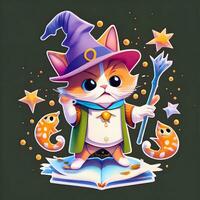 3D sticker template of a whimsical wizard cat wearing a pointed hat and casting a spell that goes hilariously wrong photo