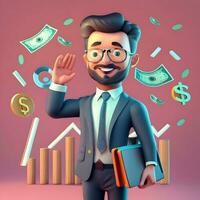 3D character for a web-based finance and budgeting tool. Design a trustworthy financial advisor character wearing a suit and holding a  briefcase filled with financial charts photo