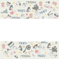 Cartoon cute doodles cinema frame design with space for text. Colorful detailed, with lots of objects background. Funny vector illustration. Border with movie theme items