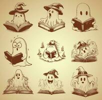 Set of Halloween Ghosts in Hand-Drawn Vector