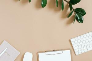 The apartment lay in the workplace of the home office. Office supplies keyboard, mouse, Notepad, pen, tablet with a clean sheet of paper and a branch of zamiokulkas photo