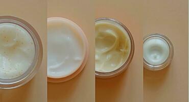 Collage of Plastic jars of beauty cream or mask for face care, top view. Concept of skincare cosmetic, spa medical skin care. Natural cosmetics. photo