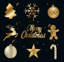 Golden Christmas Icons Decoration Elements On Black Background vector