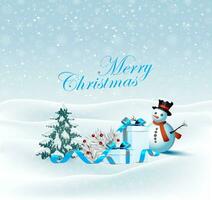 Christmas Holiday Winter Landscape With Snowman And Giftbox vector