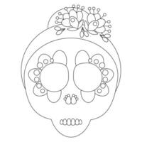 Mexican sugar skull with flowers coloring page vector