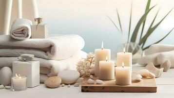 AI Generative Spa accessory composition set in day spa hotel, beauty wellness centre photo