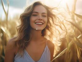 ai generado retrato fotografía de un joven mujer en maíz campo con luz de sol brillante mediante en su pelo foto