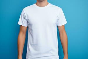 casual man in white t shirt Blue background, AI Generated photo