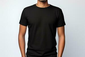 a mockup of a tall handsome guy dressed in a black t-shirt, AI Generated photo