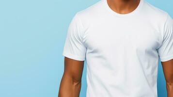white t shirt on a person blue background, AI Generated photo