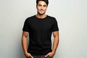 young man wearing a Bella Canvas Classic Basic Black T - shirt mockup against a clean background, AI Generated photo