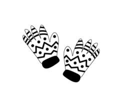 black and white warm gloves,mittens isolated on a white background. Doodle, one line vector