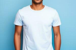 mockup of a basic white t shirt on a male clean, blue background, AI Generated photo