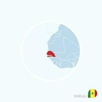 Map icon of Senegal. Blue map of Europe with highlighted Senegal in red color. vector