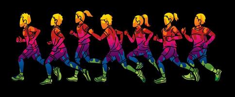 pintada grupo de niños corriendo juntos deporte chico y niña comienzo corriendo gráfico vector