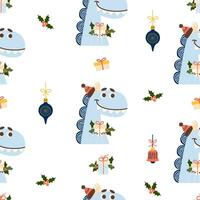 Christmas Seamless pattern. Funny dragon with gift on white background with Xmas ball toy and holly. Vector illustration for new year design, wallpaper, packaging, textile. kids collection.