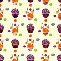 Seamless pattern with cupcakes. Colorful background with candies, lollipops, chocolate in sugar glaze, cupcake. Template for fabric, wallpaper, wrapping paper. Vector illustration.