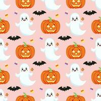 Seamless pattern with Halloween elements. Childish background with ghost, pumpkin, candy, bat on pink. For wallpaper, gift paper, fabric, holiday decoration, greeting cards. Vector illustration.