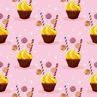 Seamless pattern with sweets on a pink background. Chocolate cupcake with lemon cream and lollipops background. Sweet food. Vector illustration.