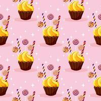 Seamless pattern with sweets on a pink background. Chocolate cupcake with lemon cream and lollipops background. Sweet food. Vector illustration.