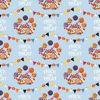 Seamless Halloween pattern with sweets and a garland with flags, pumpkins, ghosts. Decor for Halloween celebration. For wallpaper, gift paper, fabric, holiday decoration, greeting cards. Vector. vector