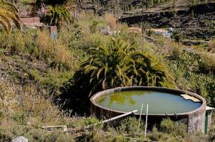 a small pond with a green water in the middle of a hill photo