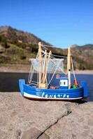 a toy boat on the shore of a lake photo
