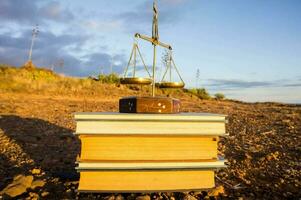 justice scales on the stack of books photo