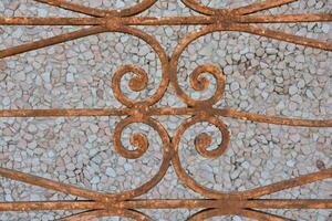 a close up of a metal gate with a design photo