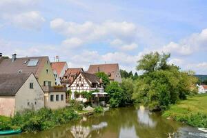 a river runs through a village with houses on either side photo