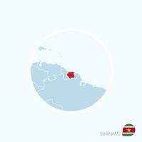 Map icon of Suriname. Blue map of South America with highlighted Suriname in red color. vector