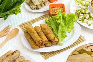 Vietnam food. Spring rolls  with sweet chili sauce. Asian cuisine. photo