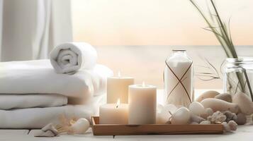 AI Generative Spa accessory composition set in day spa hotel, beauty wellness centre photo