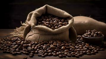 AI Generated brown roasted coffee beans in sack bag spills with rustic looks photo