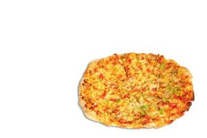 A hot pizza slice with dripping melted cheese. Isolated on white. photo