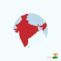 Map icon of India. Blue map of South Asia with highlighted India in red color. vector