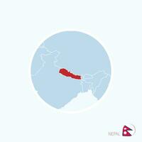 Map icon of Nepal. Blue map of South Asia with highlighted Nepal in red color. vector