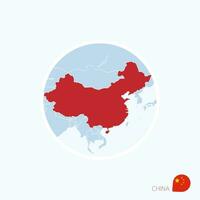 Map icon of China. Blue map of East Asia with highlighted China in red color. vector