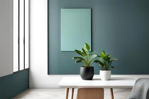 AI Generative Empty frame mockup in modern minimalist interior with trendy potted plant photo