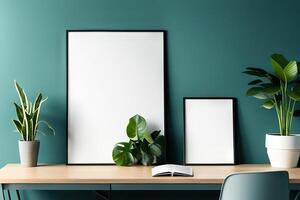 Empty frame mockup in modern minimalist interior with trendy potted plant photo