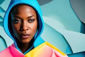 Close-up portrait young black woman with clothes headdress, person on colorful photo
