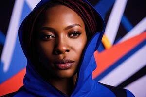 Young African-American girl in blue clothes with hood against bright colored photo