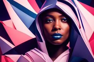 Illustration portrait African American female fashion model in blue futuristic photo