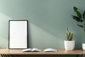 Empty frame mockup in modern minimalist interior with trendy potted plant photo